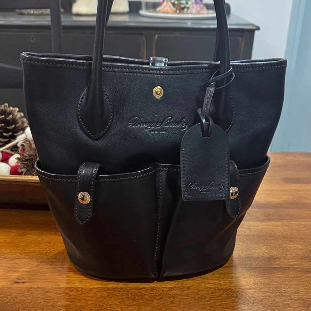 Dooney & Bourke Black Florentine Vacchetta Leather Tote with Front Pockets